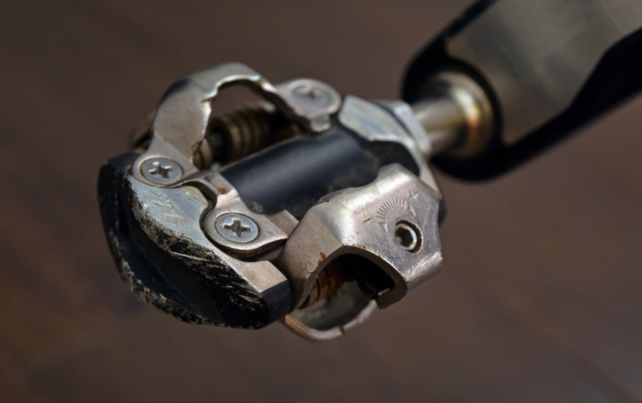 Close-up of an SPD two-bolt pedal.