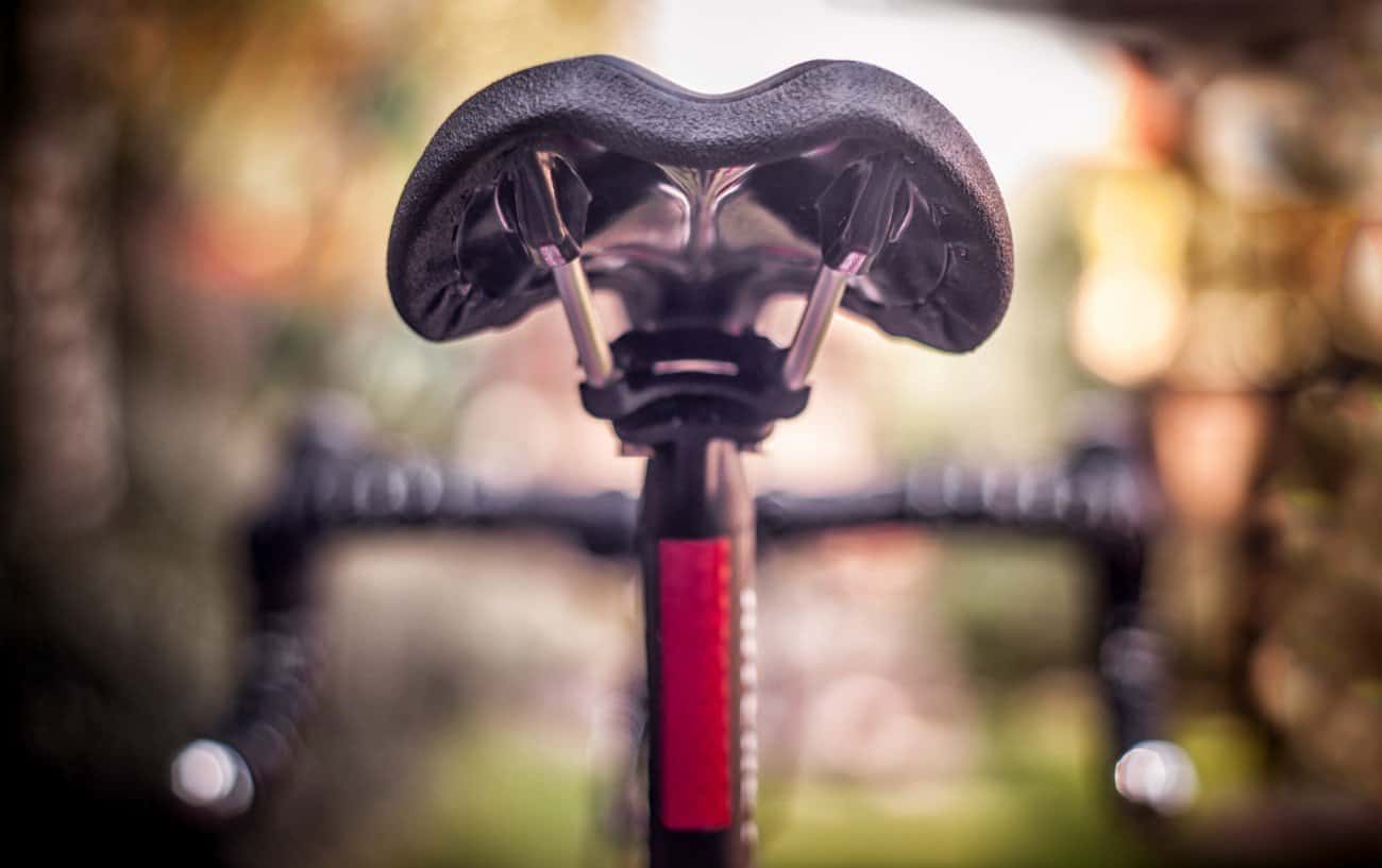 Close-up of a road bike saddle.