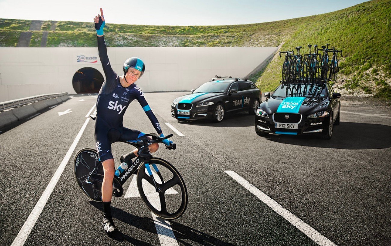 Chris Froome sits on his Pinarello bike by the Channel Tunnel.