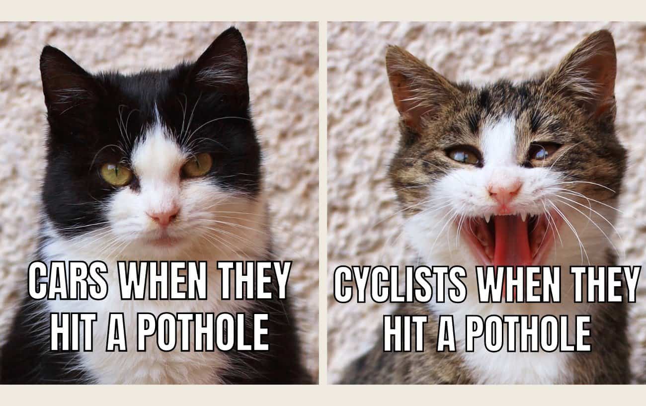 Cyclists versus potholes: bike meme.