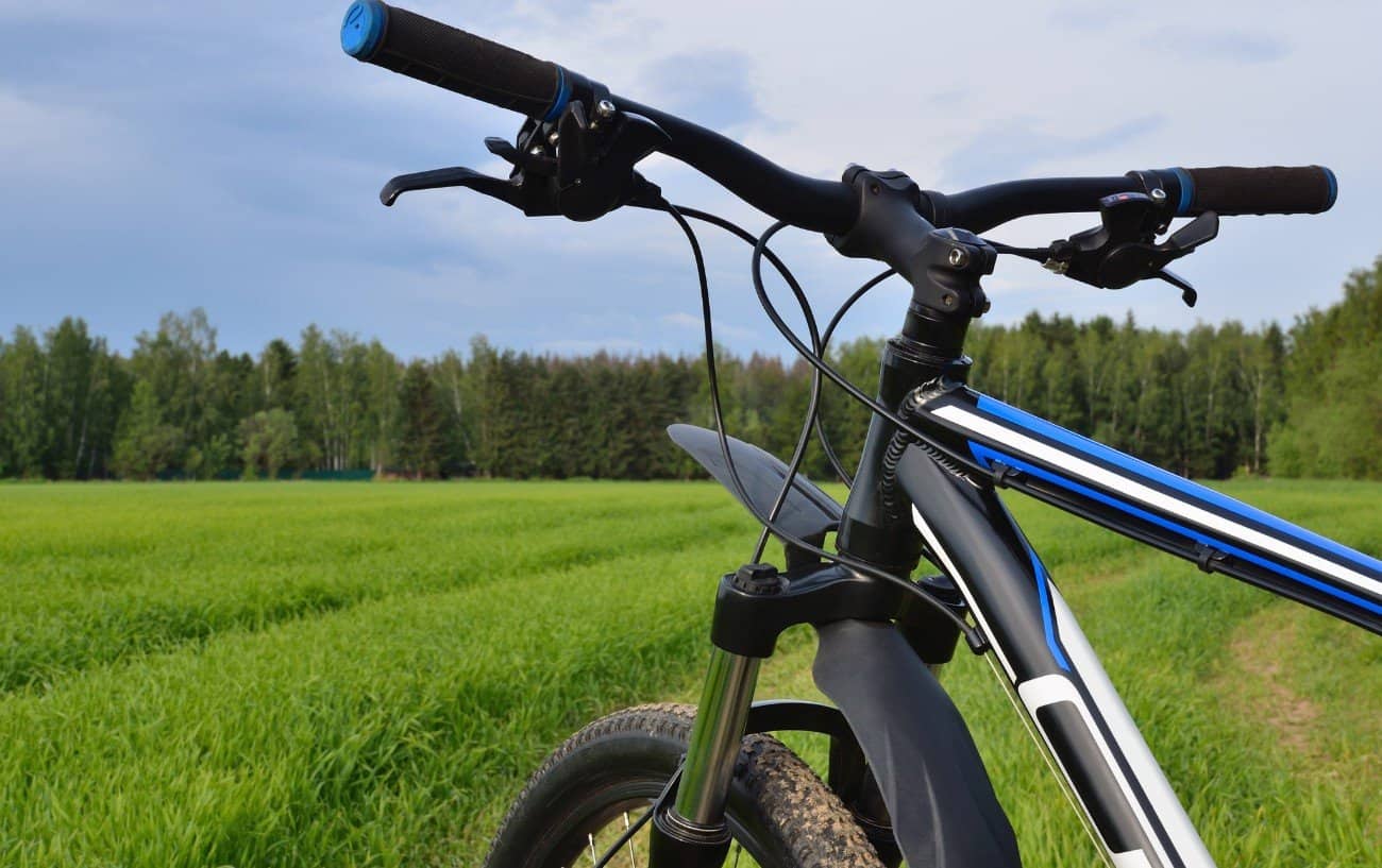 Riser bars on a mountain bike in a green field.
