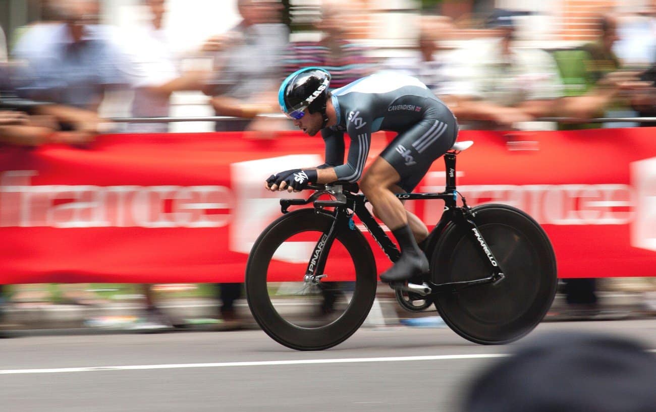 Mark Cavendish rides a time-trial bike at the Tour de France.