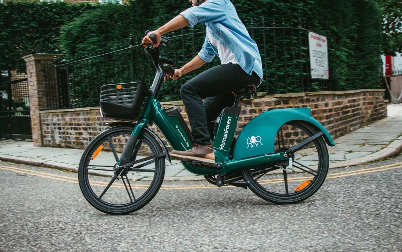 A belt-drive electric bike which is part of a shared eBike scheme in a city.