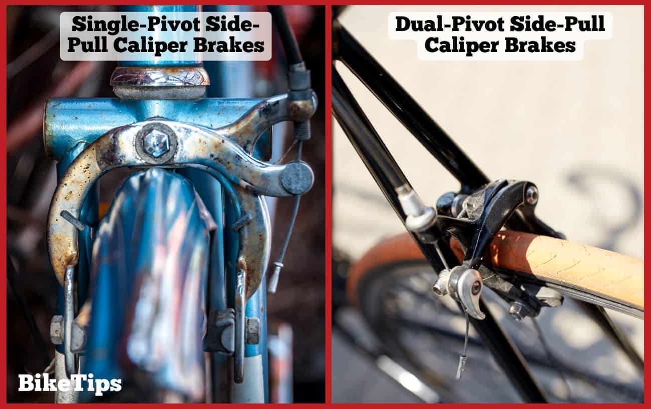 Comparison of single-pivot and dual-pivot side-pull caliper brakes.