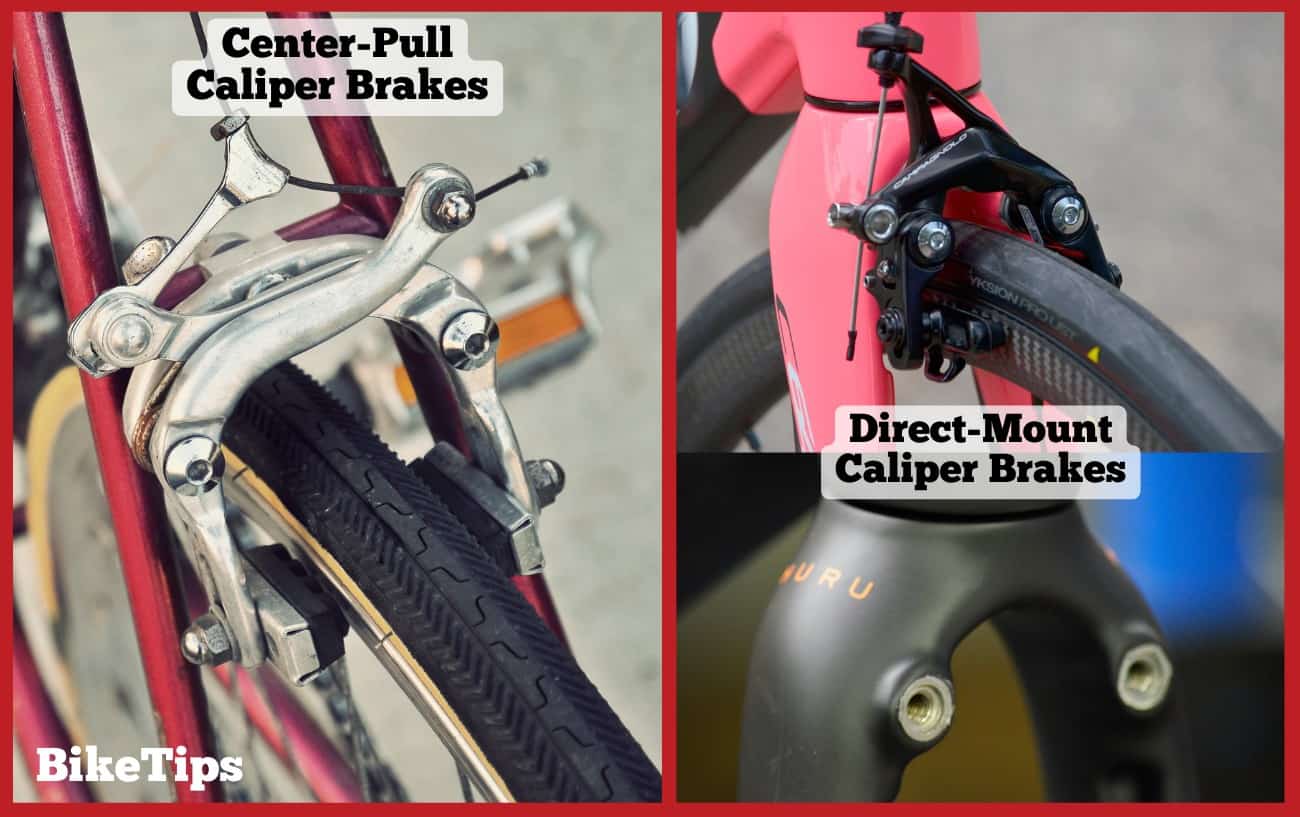 Comparison of center-pull and direct-mount caliper brakes.