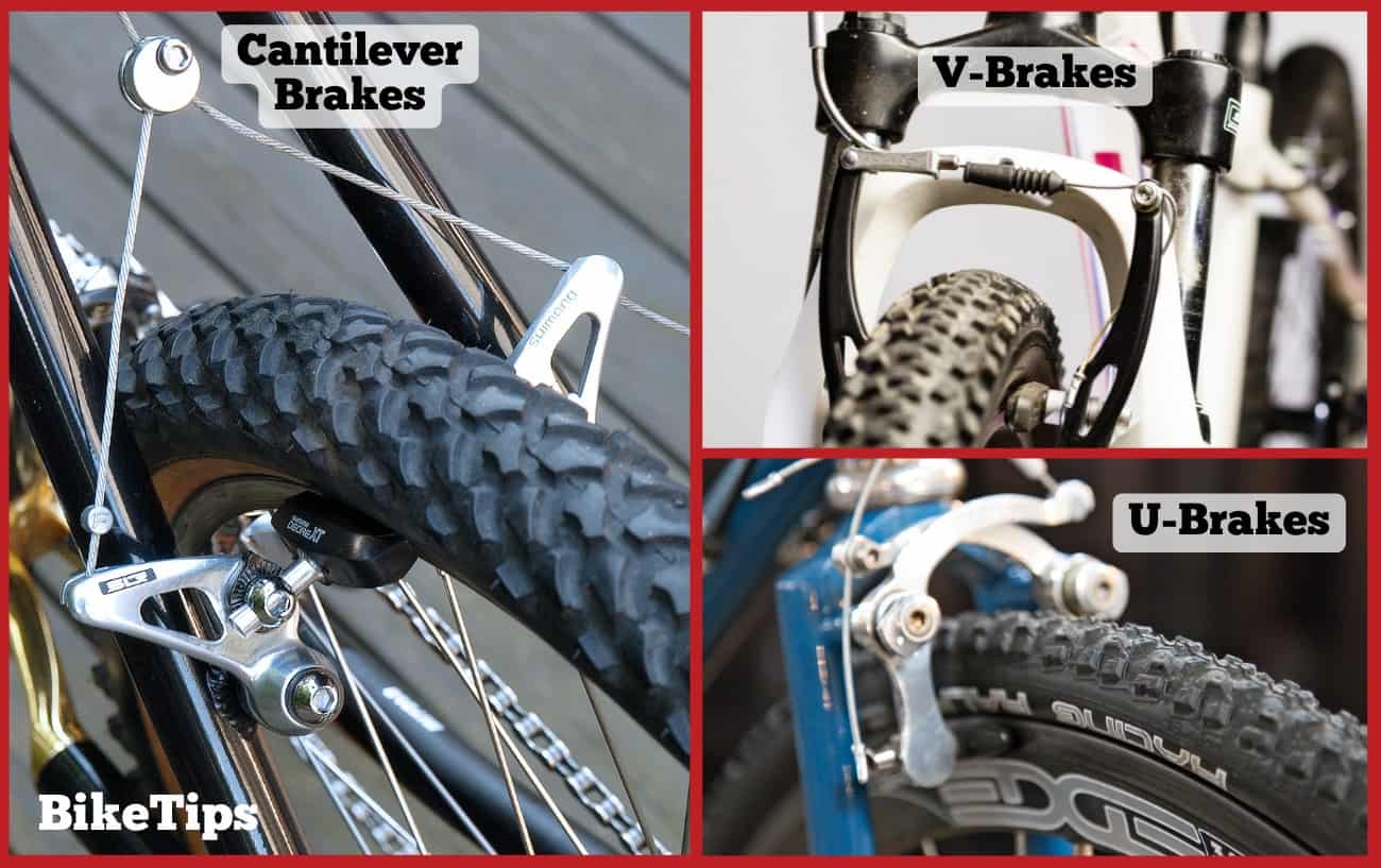 Comparison image of cantilever brakes, V-brakes, and U-brakes.