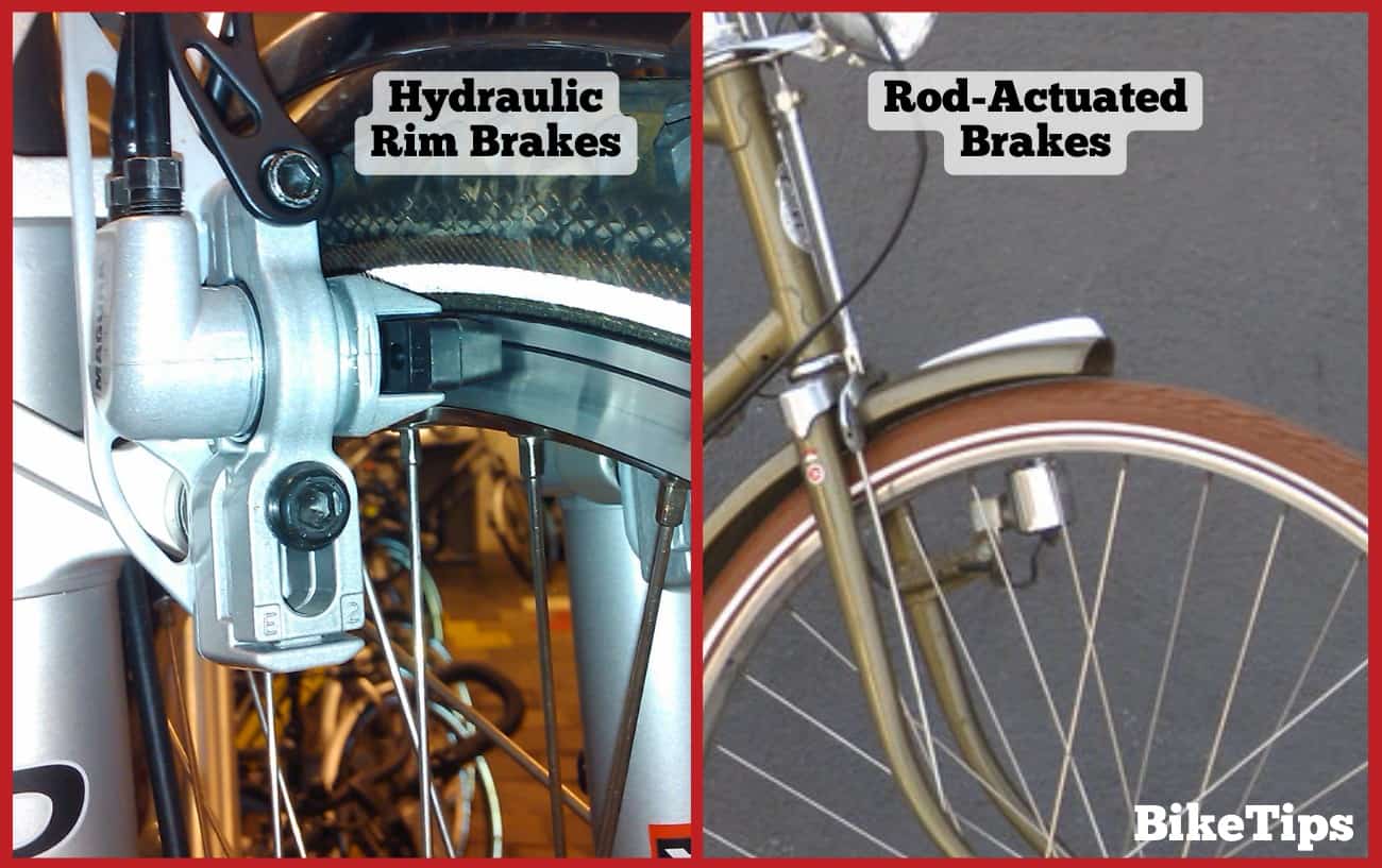 Comparison image of hydraulic rim brakes and road-actuated brakes.