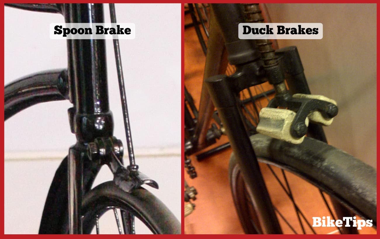 Side-by-side comparison photos of spoon brakes and duck brakes.