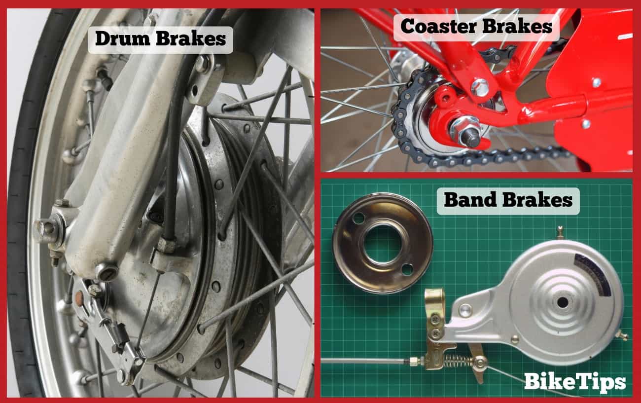 Comparison photos of drum brakes, coaster brakes, and band brakes.
