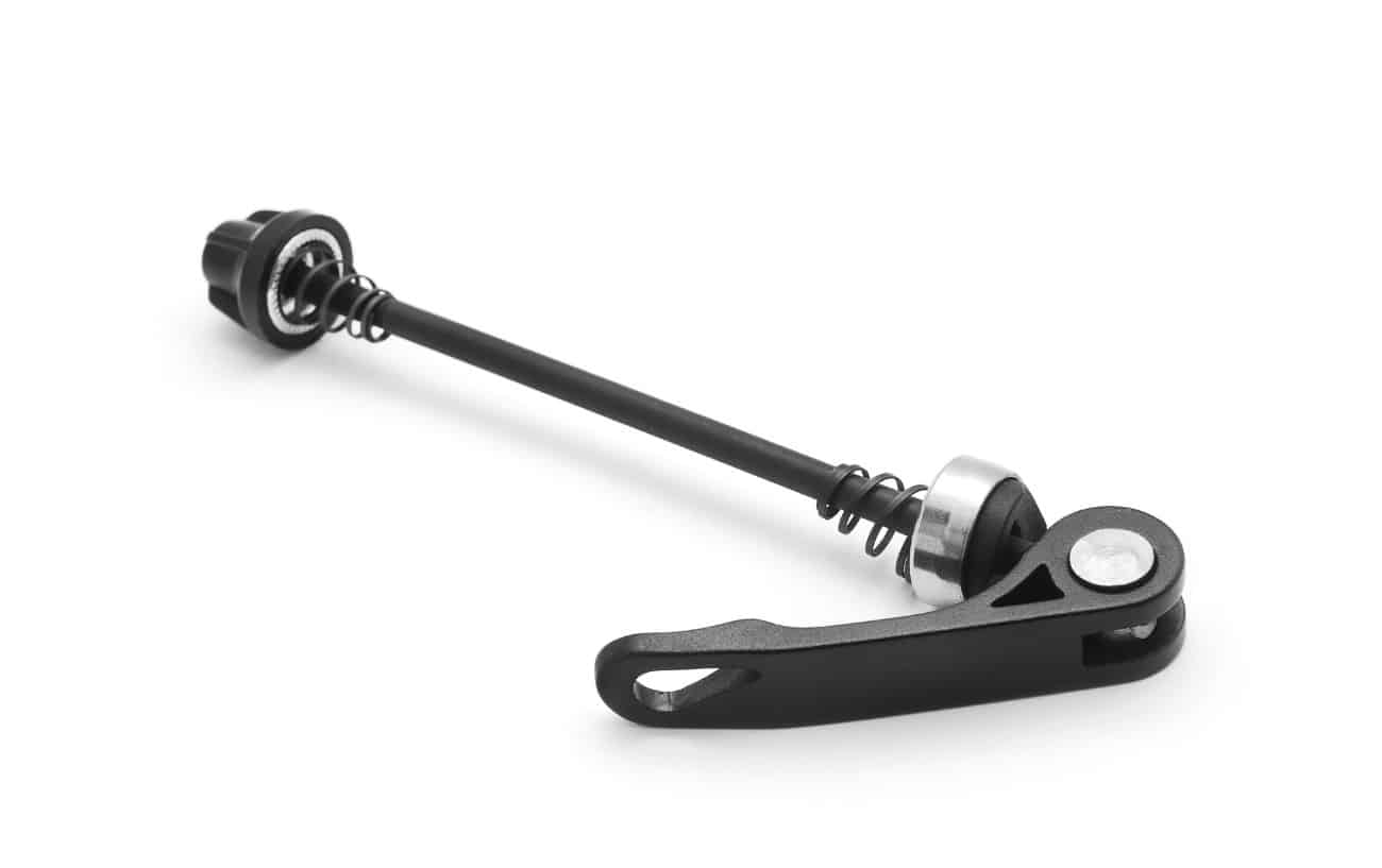 Photo of a black quick release skewer against a white background.