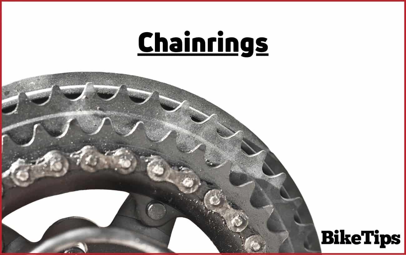 Close-up shot of a metal chainring against a white background.