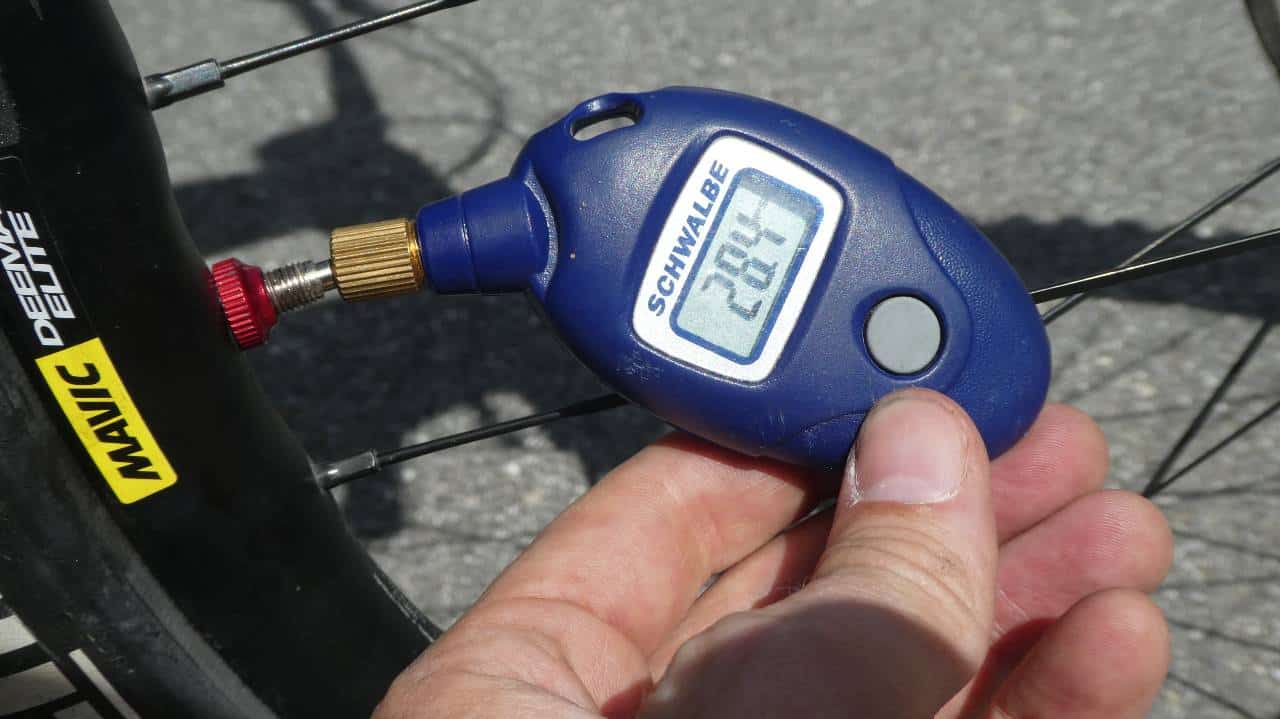 Digital pressure gauge on bike tire