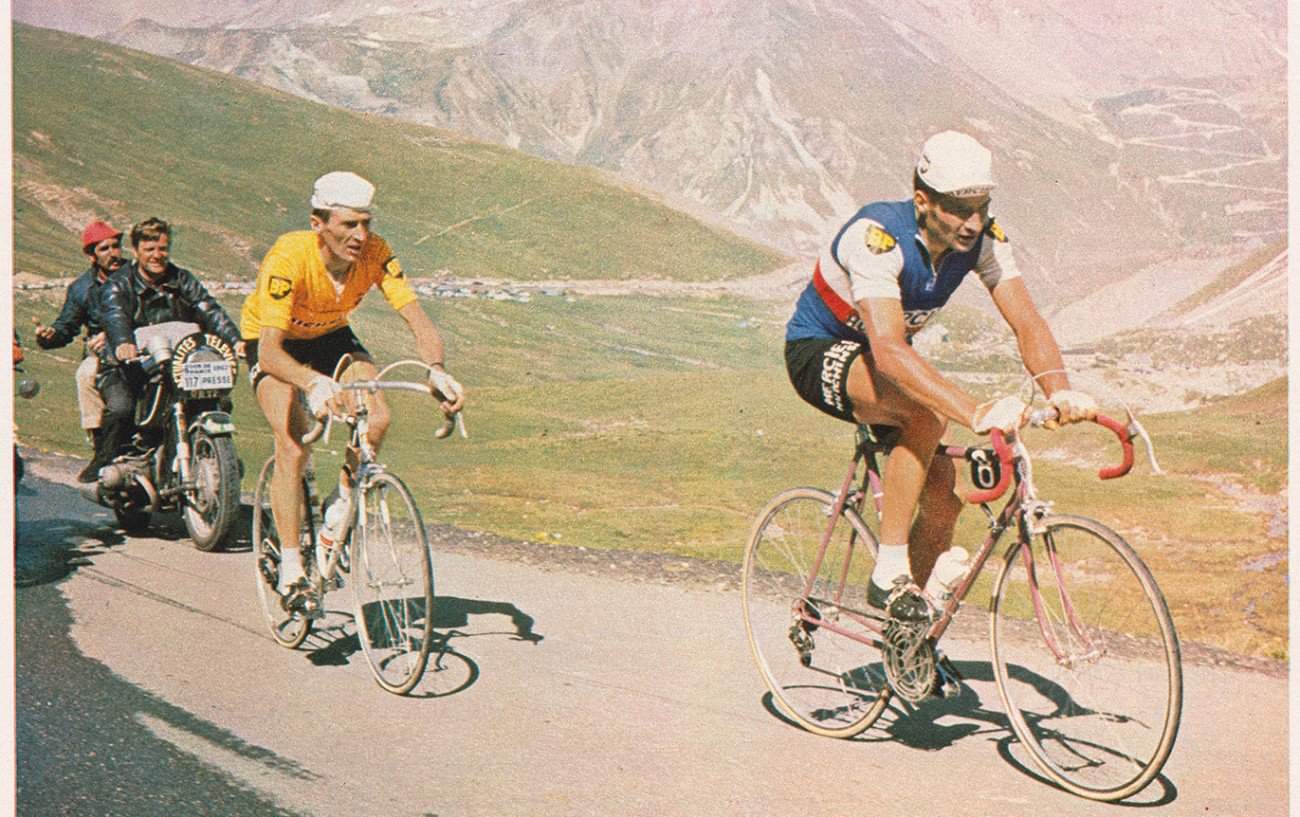 Raymond Poulidor paces Roger Pingeon, the eventual Tour de France winners, up the Col du Galibier at the 1967 Tour de France. 