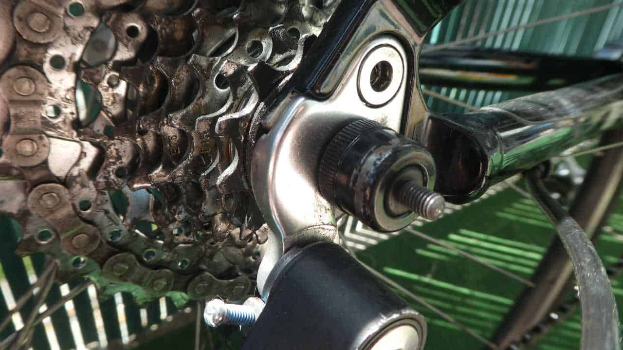 Close-up photo of a rear derailleur hanger.