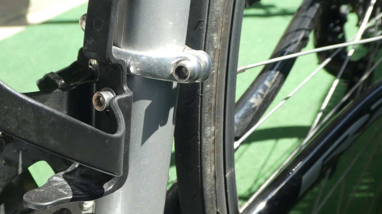 Close-up of front derailleur mounting bolts.