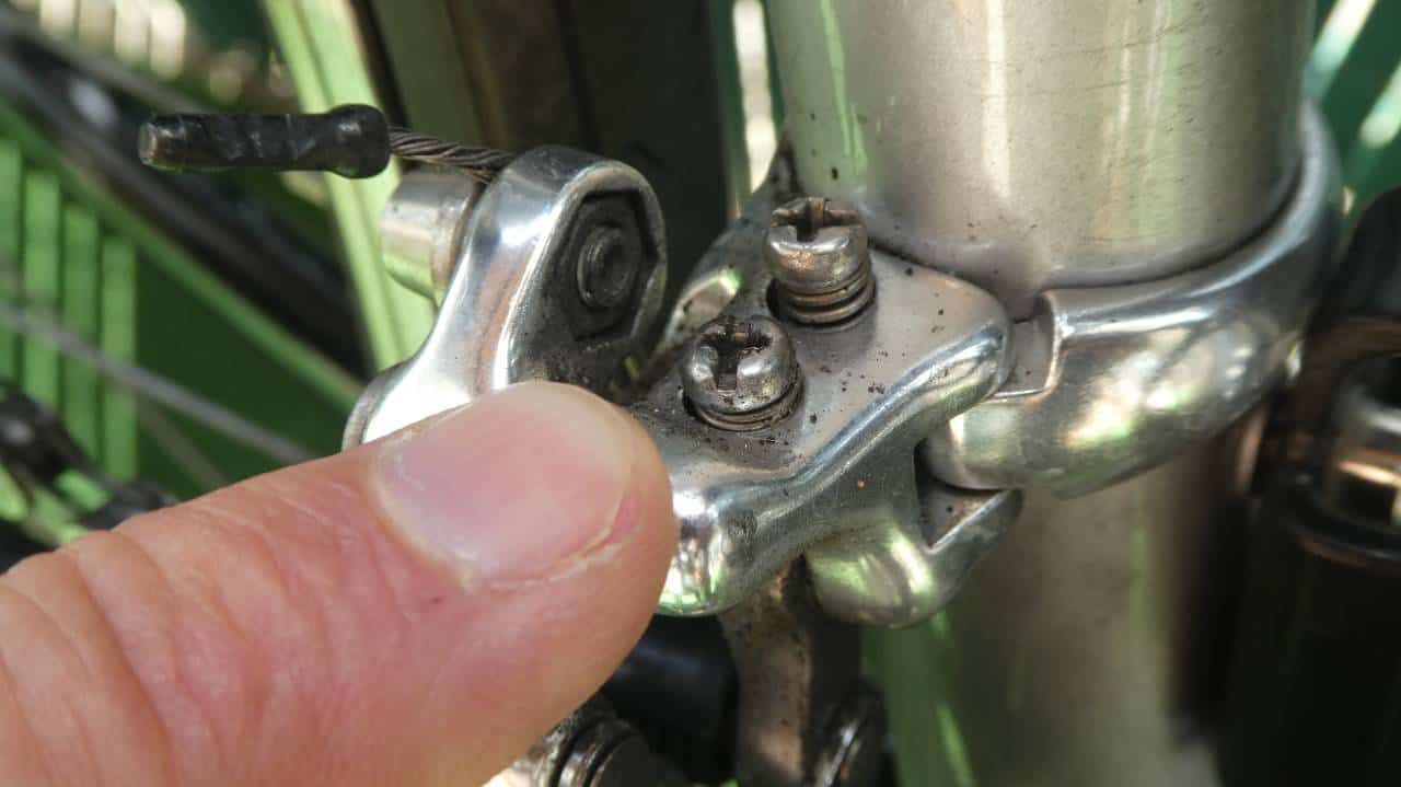Close-up of the limit screws on the front derailleur.