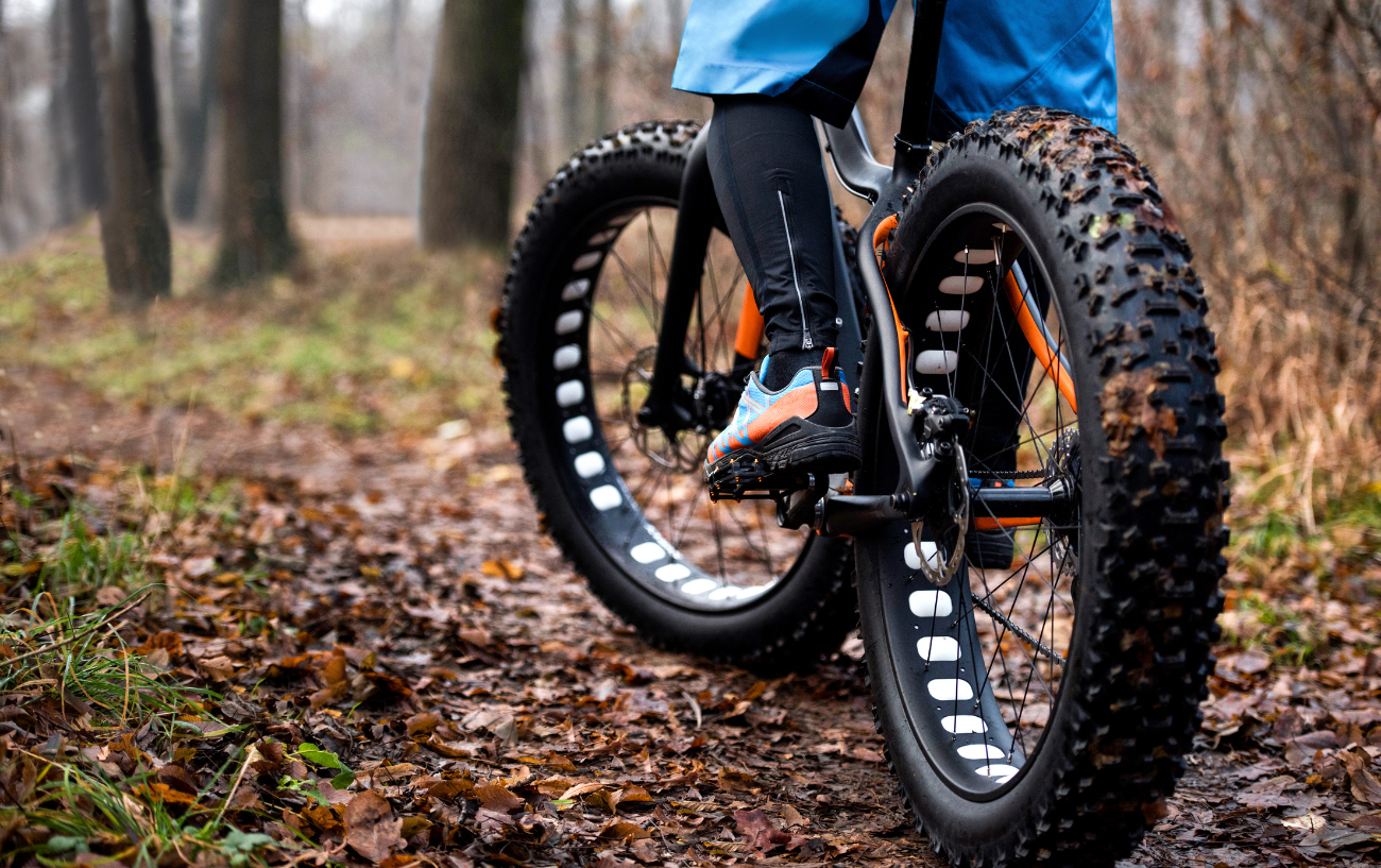 Close-up of the tires of a fat bike on a woodland path.
