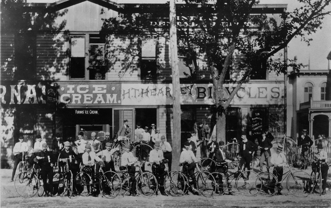 H.T. Hearsey's bicycle shop in Indianapolis where Taylor worked as a bicycle instructor, photographed in 1896.