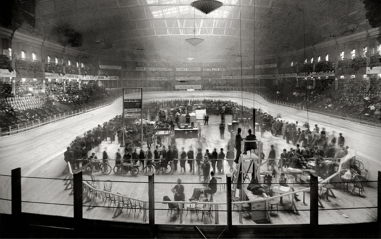 The second iteration of Madison Square Garden in New York City, set up as a velodrome. This was the venue of Taylor's first race as a professional cyclist in 1896. Picture dated 1908.