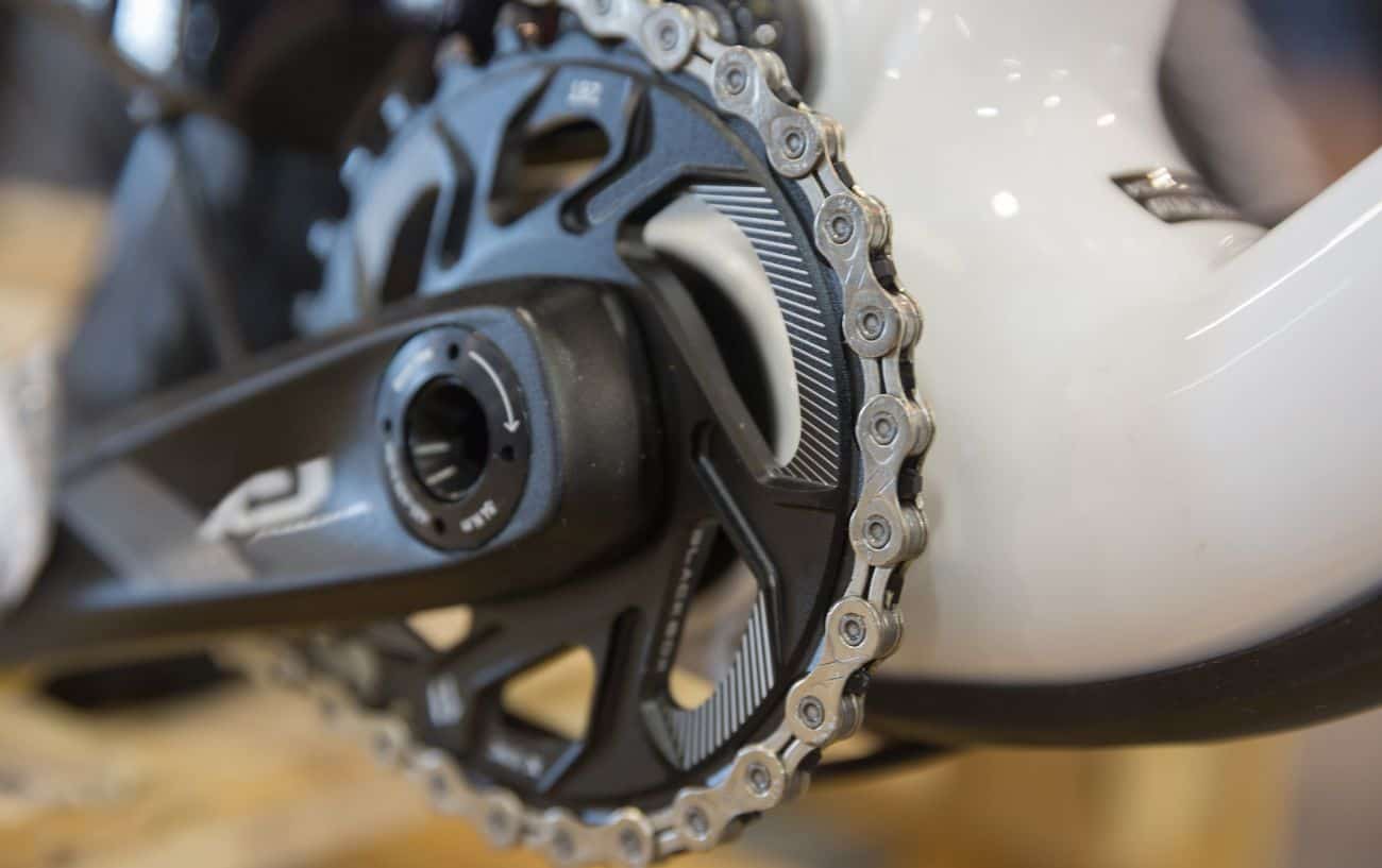 Close-up of a 1x drivetrain on a mountain bike.