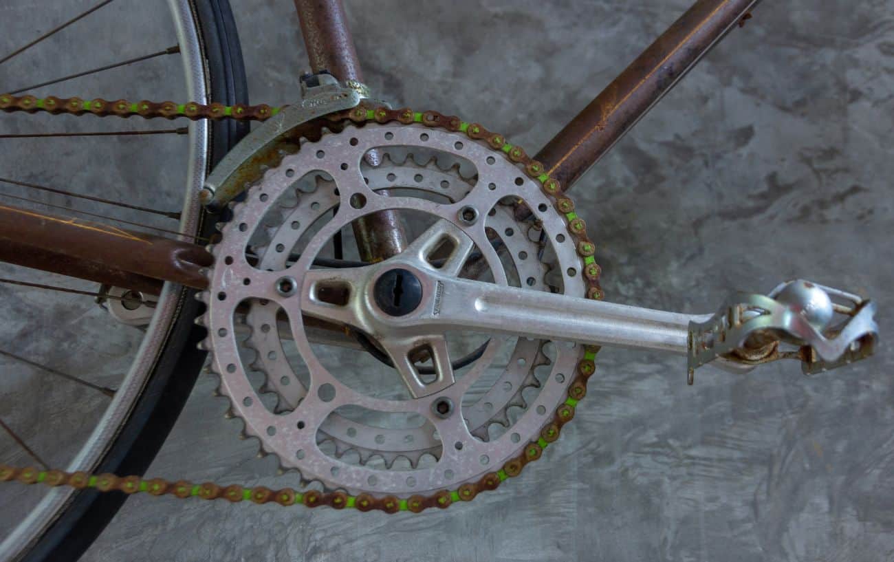 A double chainset on a vintage steel road bike groupset.