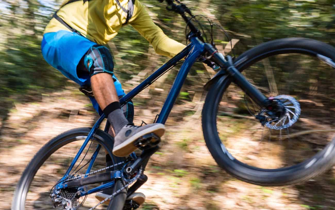 Blurred photo of a mountain biker wheelieing down a hill.