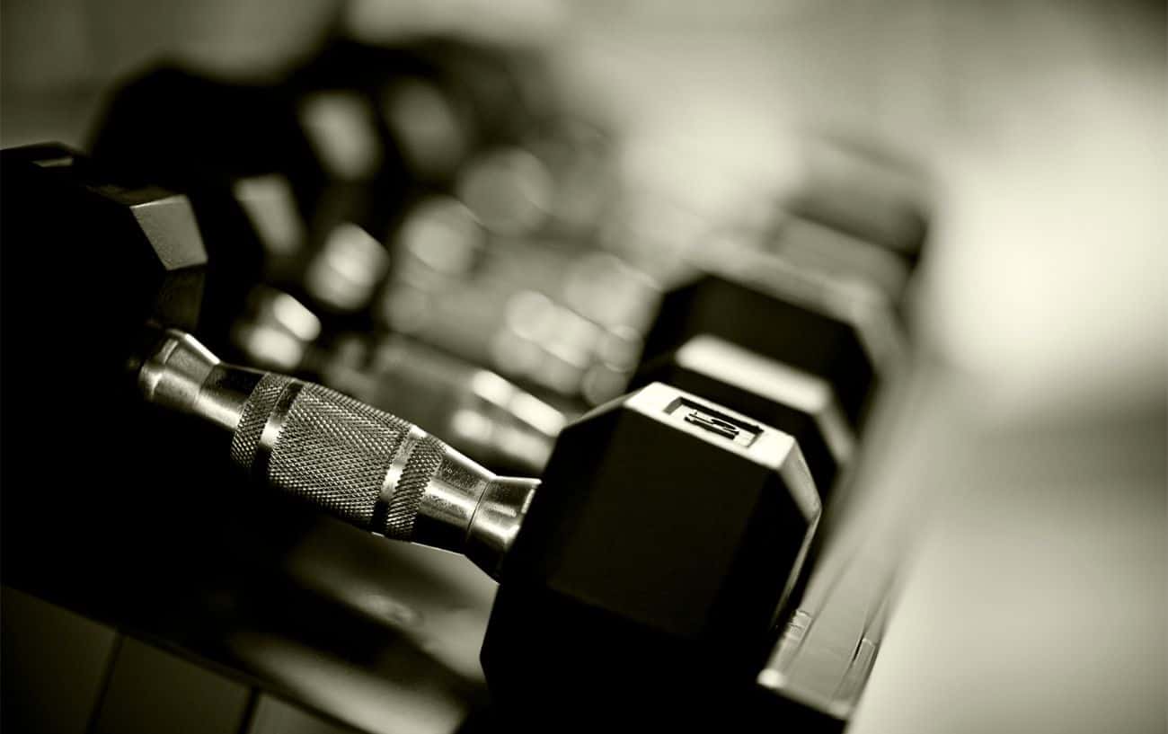 Soft-focus photo of a row of dumbells.