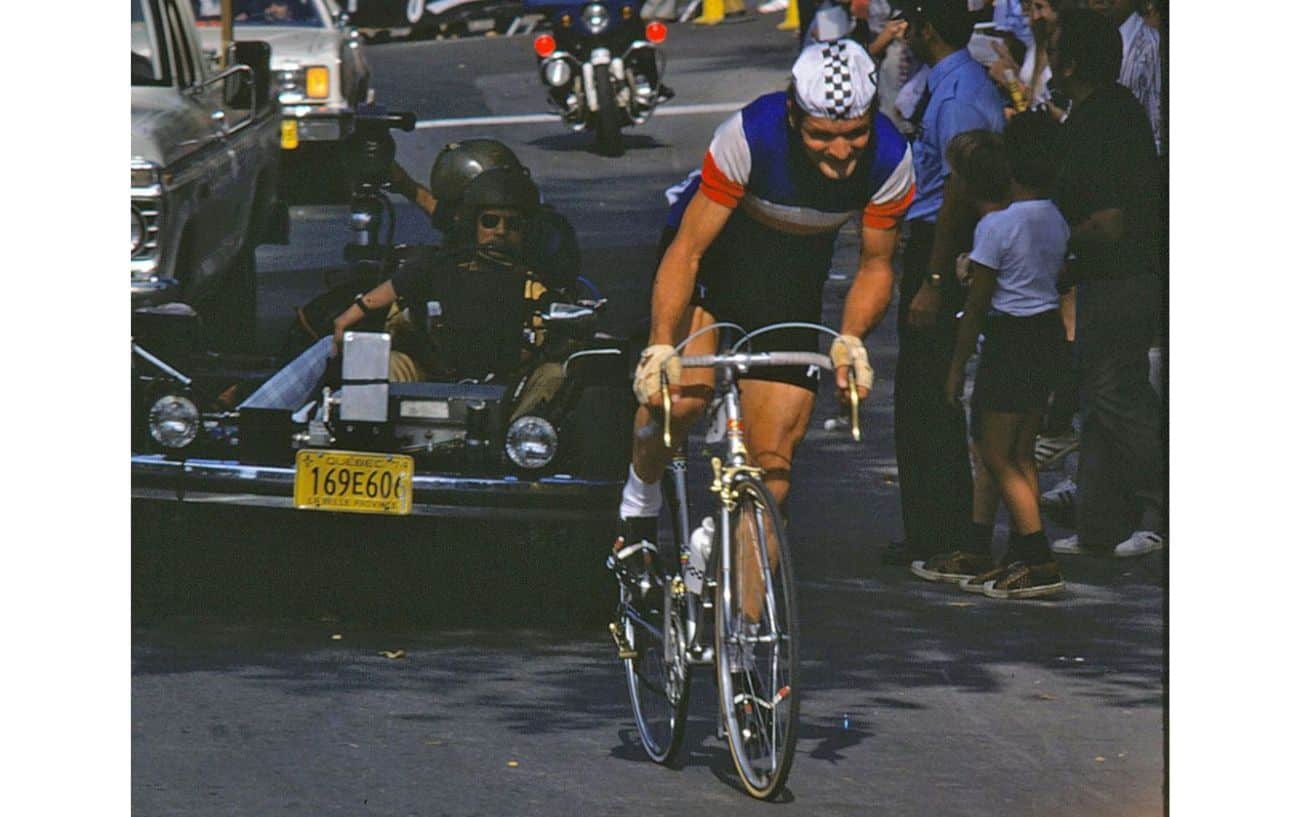 Bernard Thévenet races at the 1974 World Cycling Championships in Montreal, Canada, riding a Peugeot PY-10.