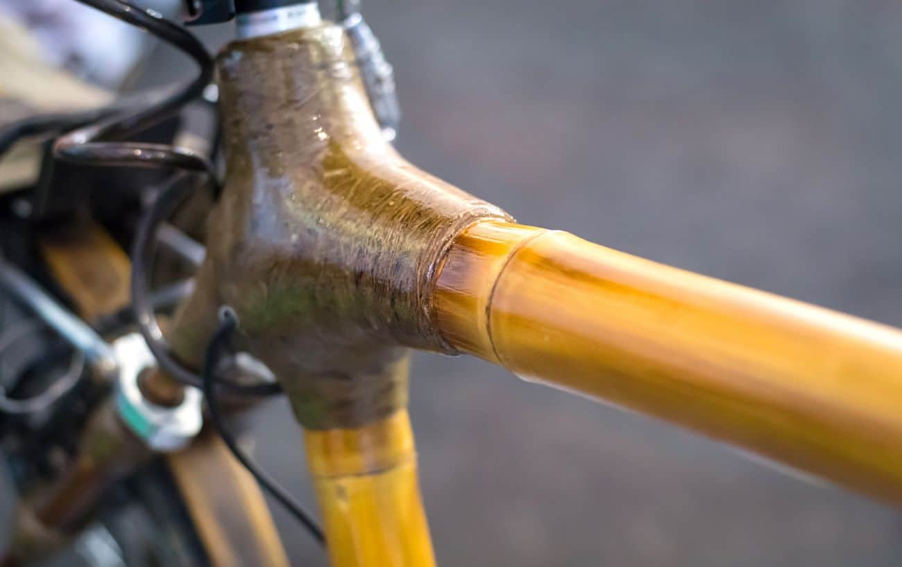 Close-up of a bamboo bike frame.