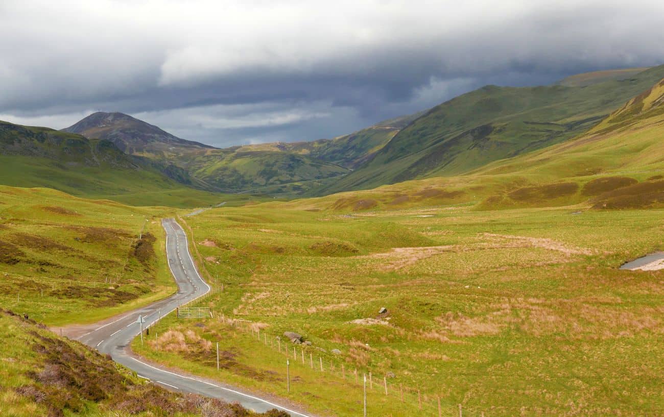 Landscape view of the mountain road leading up to Glenshee.