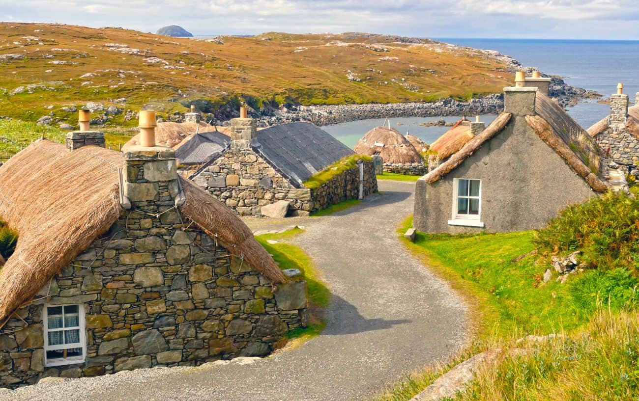 A cluster of traditional blackhouses on the Isle of Lewis.
