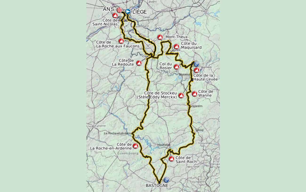 Map of the 2012 Liège–Bastogne–Liège route.