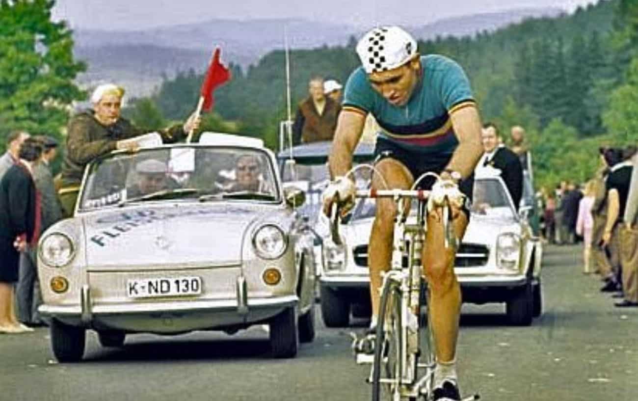 Eddy Merckx climbs a hill at the 1966 Liége-Bastogne-Liége.