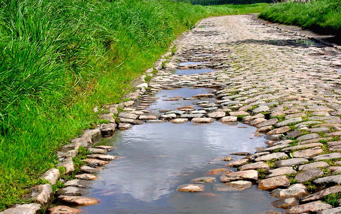 An example of potholed cobbles on the Paris-Roubaix course.