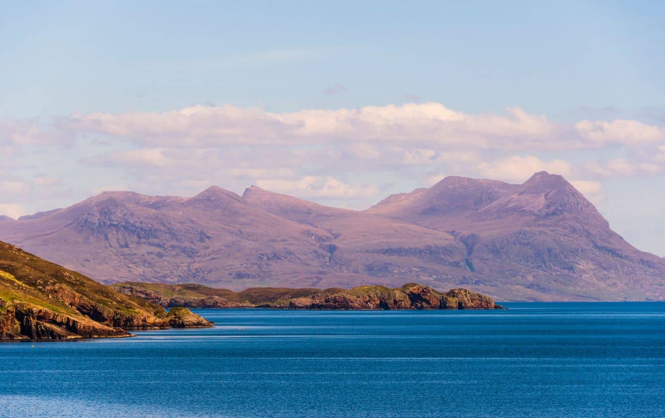 View across the water to one of the Outer Hebrides in the evening.