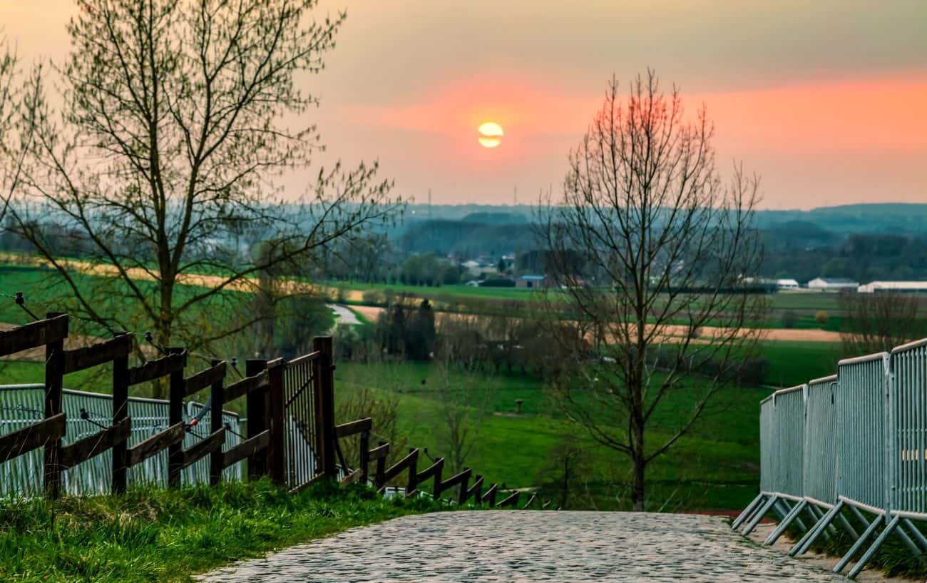 Sunset over a cobbled climb at the Tour of Flanders.