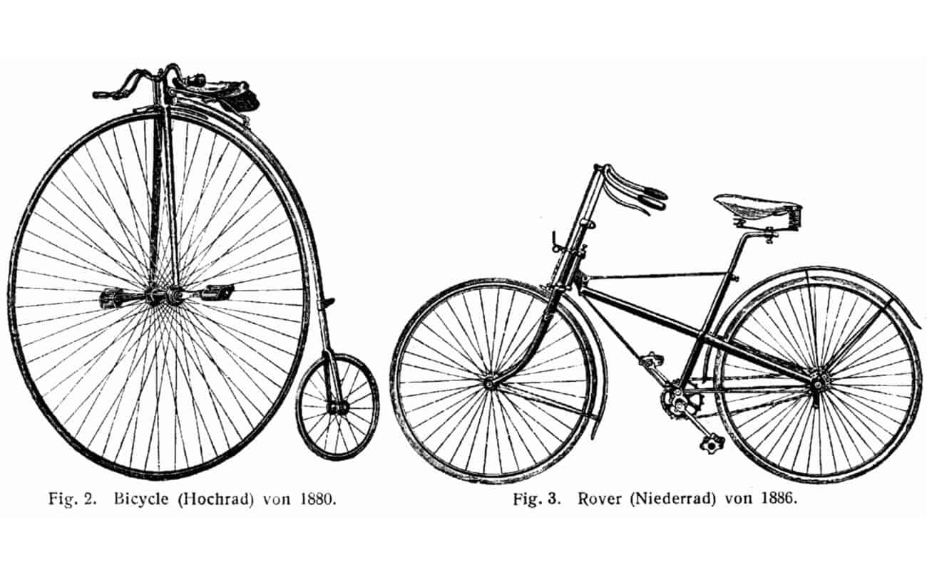 1880s diagram of a penny farthing and a safety bicycle.
