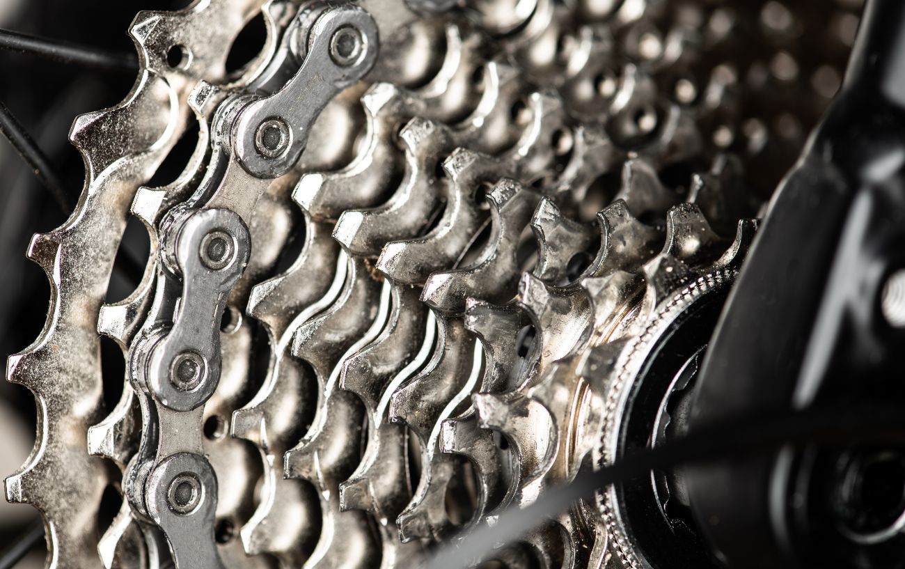 Close-up of a silver bike cassette.
