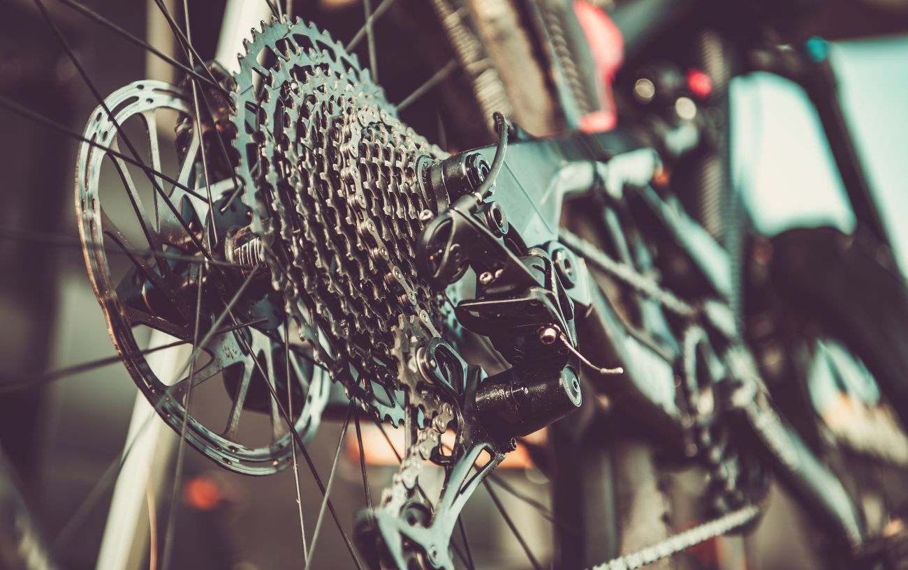 Close-up of the cassette of a mountain bike.