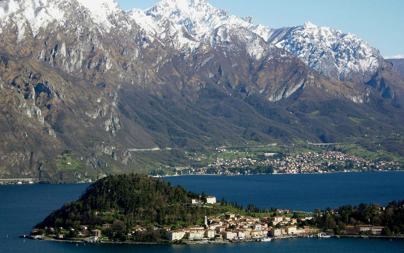 Wintery view of the mountains around Bellagio on Lake Como.