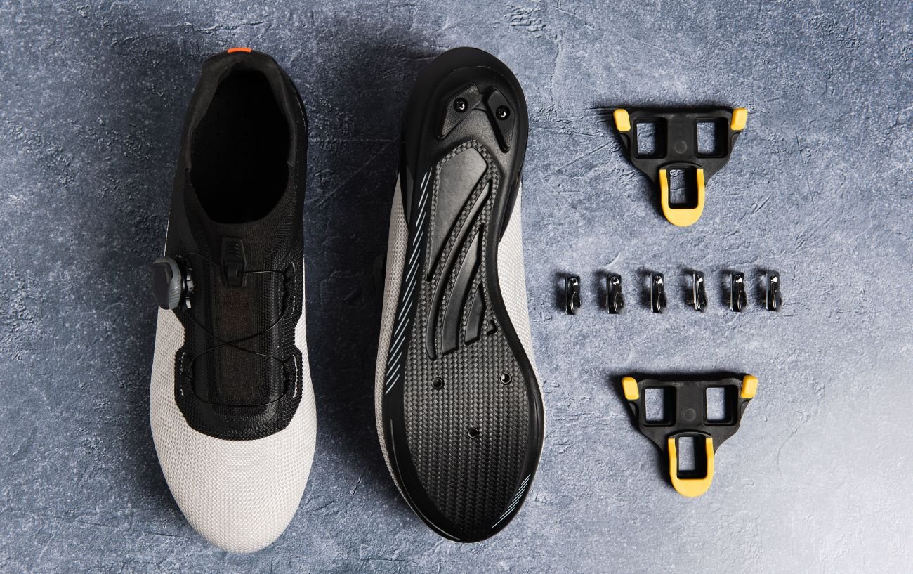 Peloton shoes on a granite surface with delta cleats.