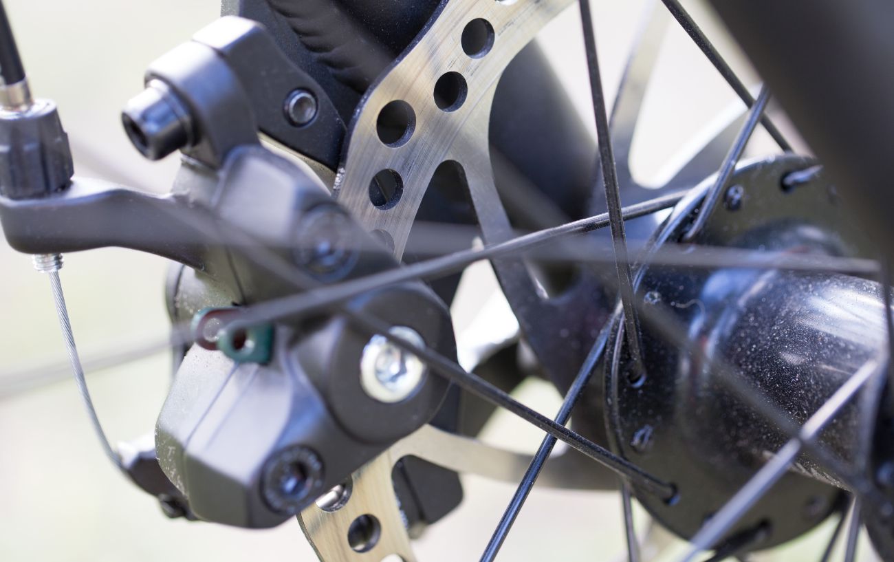 Close-up of road bike disc brakes.