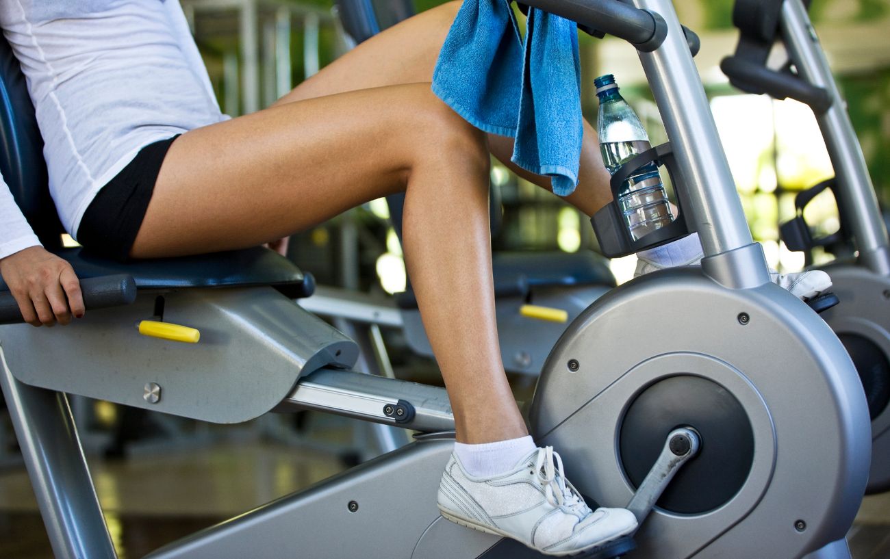 Close-up of a stationary recumbent bike.