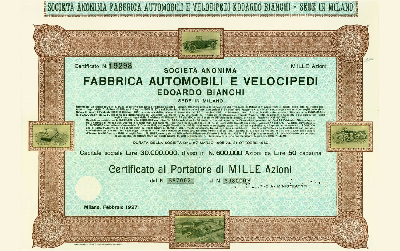 1930s certificate for a share in the Bianchi bike company.