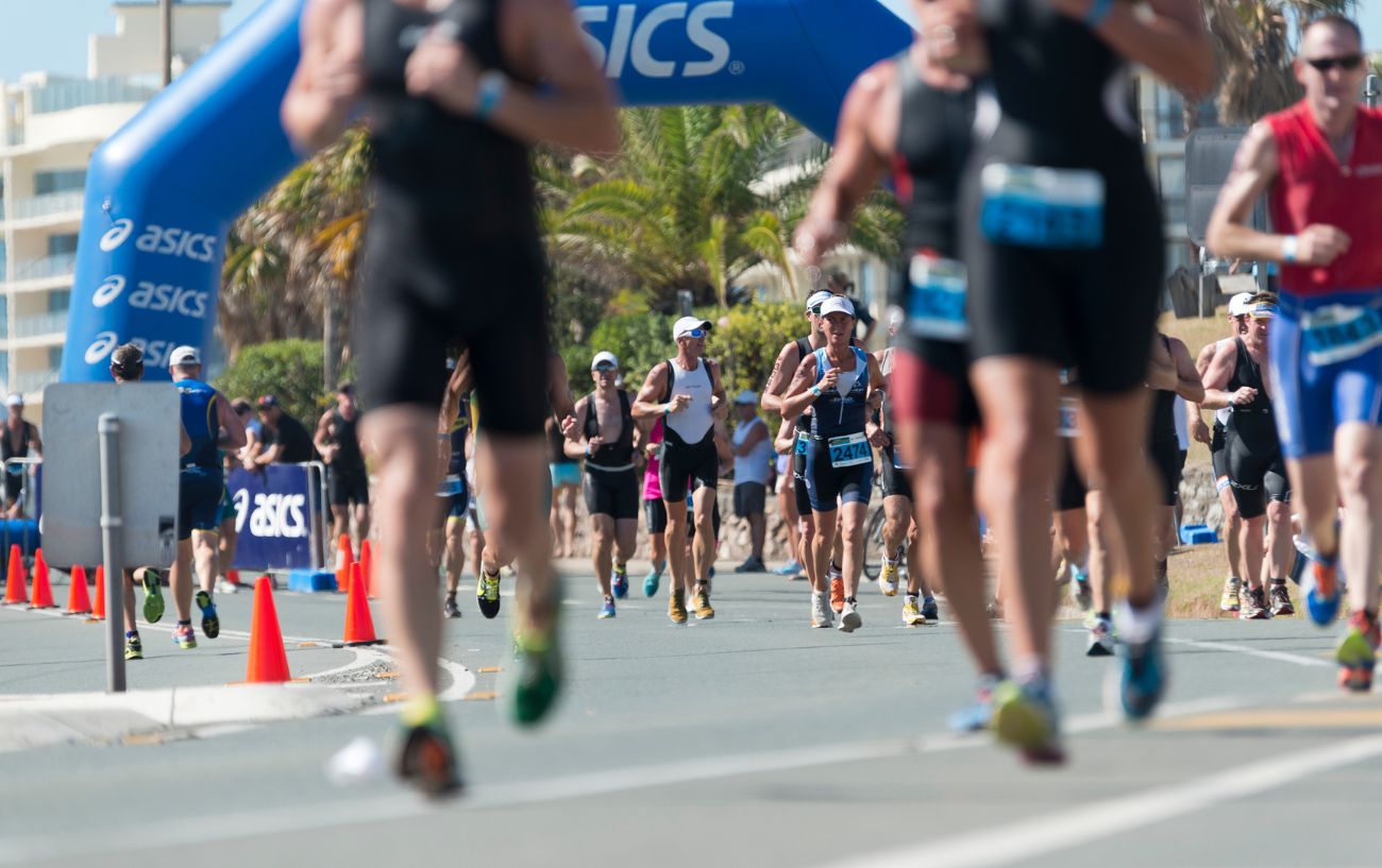 Runners competing in the running leg of a duathlon.