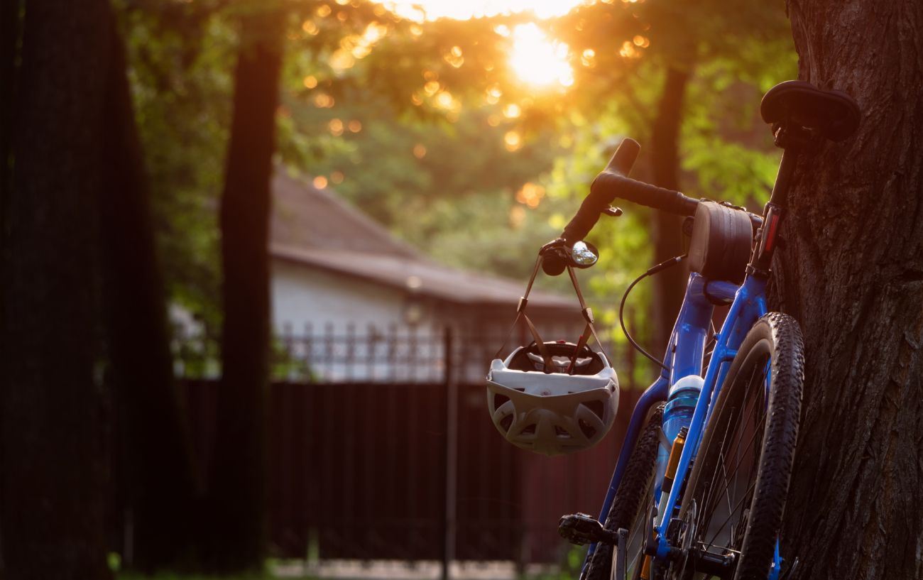 A blue gravel bike with flared drop handlebars leans against a tree.