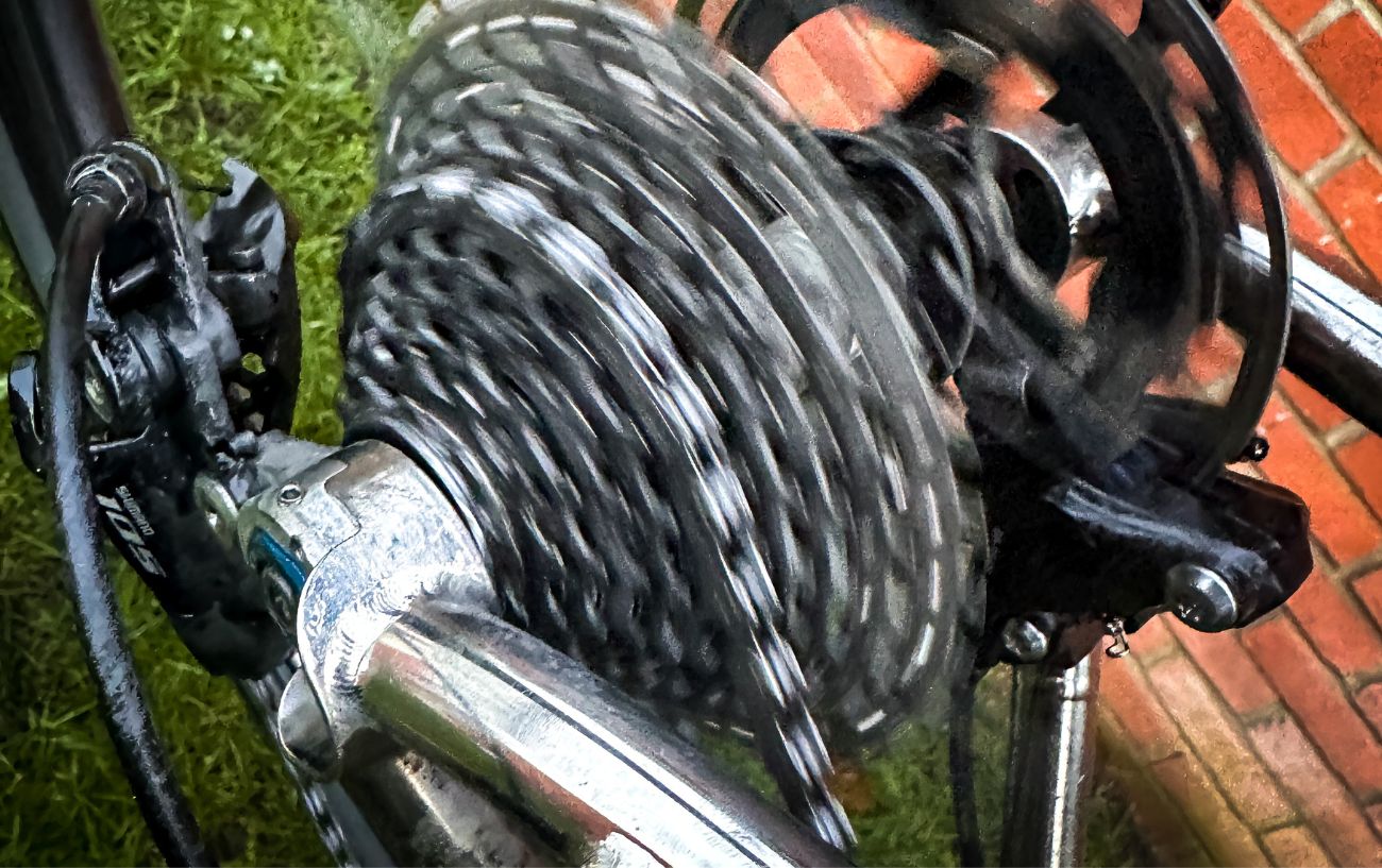 Close-up of a freshly-waxed drivetrain.