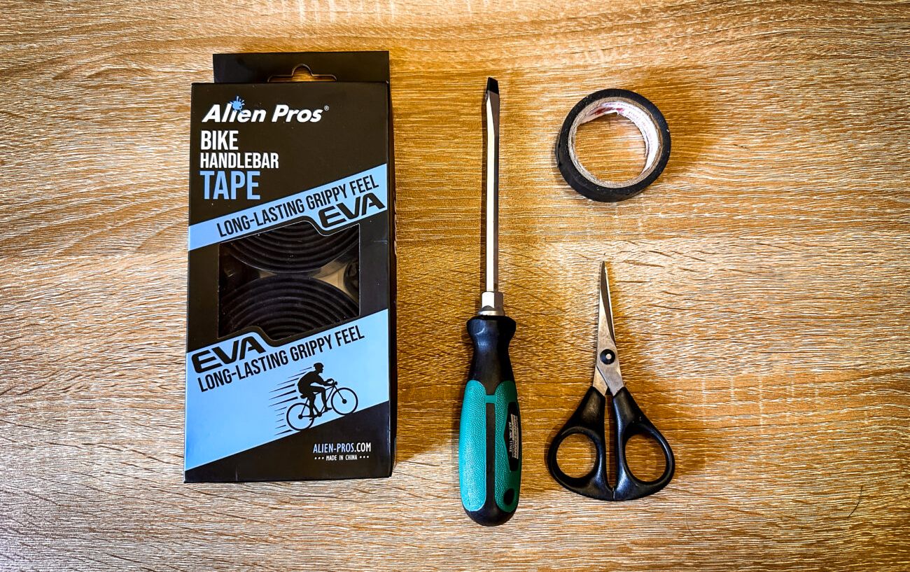 Photo of the equipment you'll need to replace bike handlebar tape.