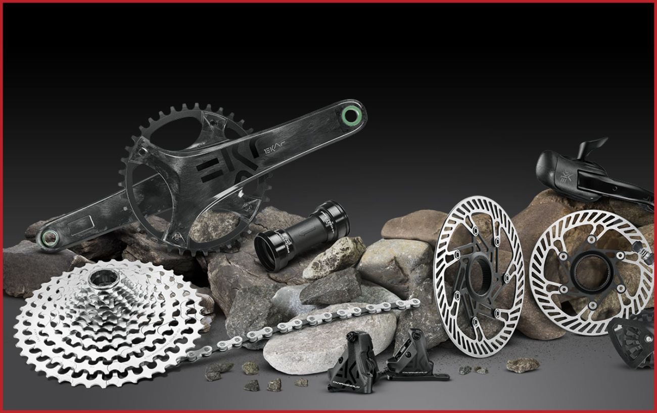 Campagnolo Ekar groupset on a collection of rocks.