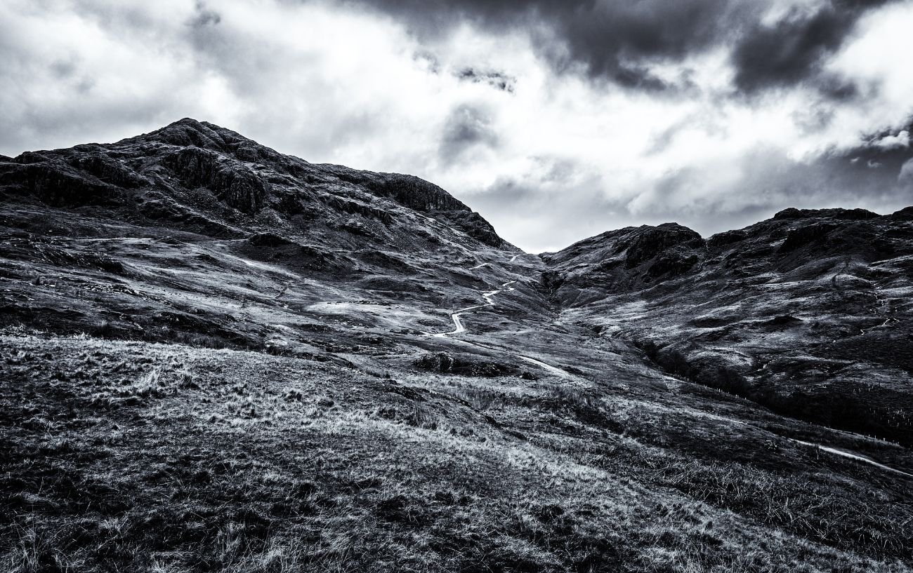 Black and white view of Hardknott Pass.